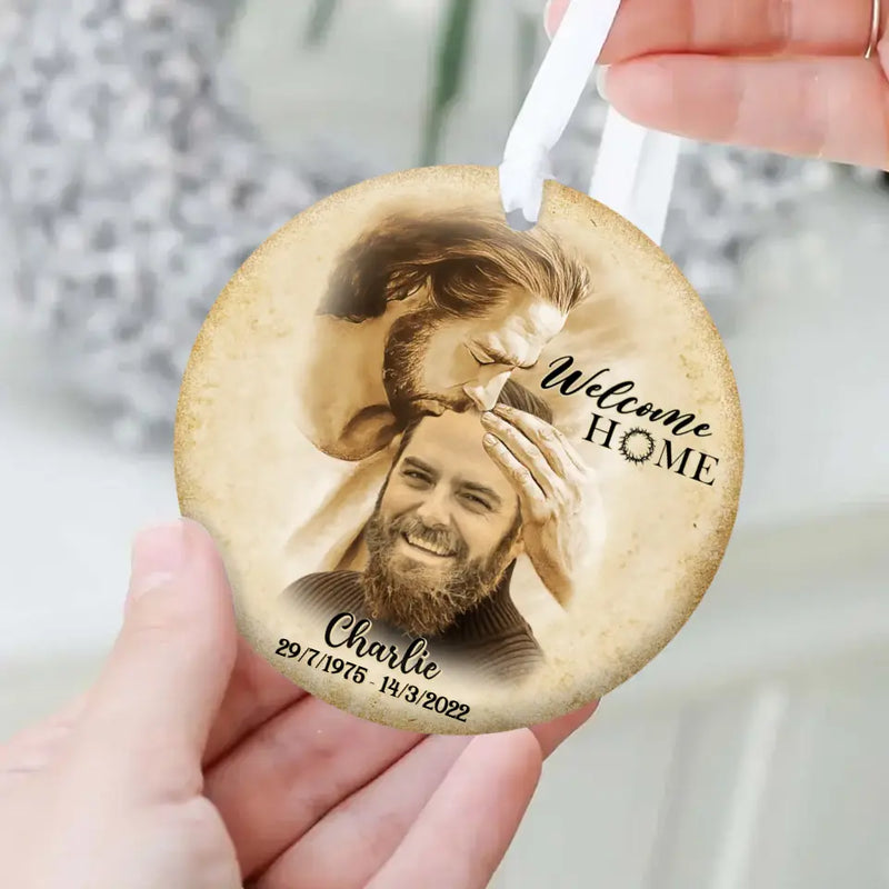 Personalized Memorial Photo Circle Wooden Ornament - Memorial Gift Idea For Family Member/Pet Owner - Welcome Home