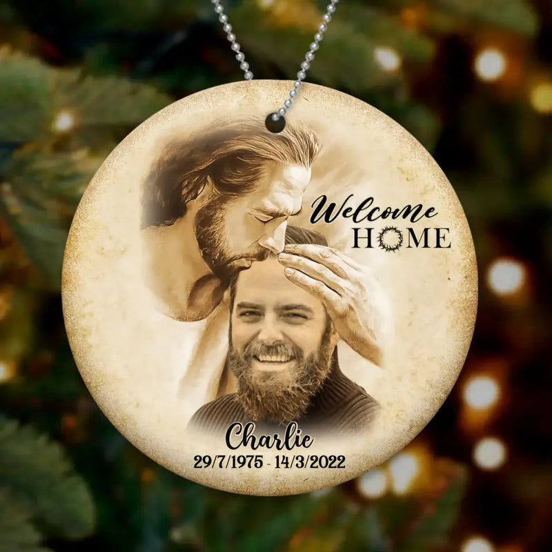 Personalized Memorial Photo Circle Wooden Ornament - Memorial Gift Idea For Family Member/Pet Owner - Welcome Home