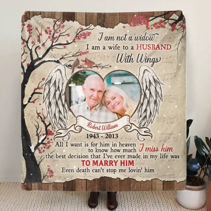 Custom Memorial Photo Single Layer Fleece/Quilt Blanket/Pillow Cover - Memorial Gift Idea for Family - I Am A Wife To A Husband With Wings