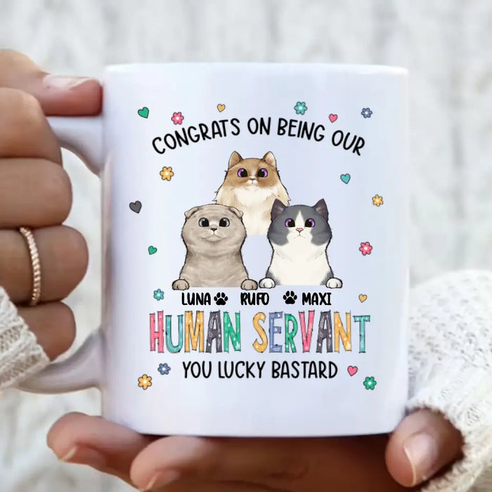Custom Personalized Pet Coffee Mug - Gift Idea For Dog/Cat Loves - Upto 3 Pets - Congrats On Being My Human Servant You Lucky Bastard