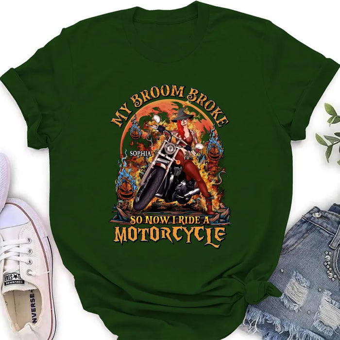 Custom Personalized Witch Biker Shirt/Hoodie -  Halloween Gift Idea for Bikers - My Broom Broke So Now I Ride A Motorcycle