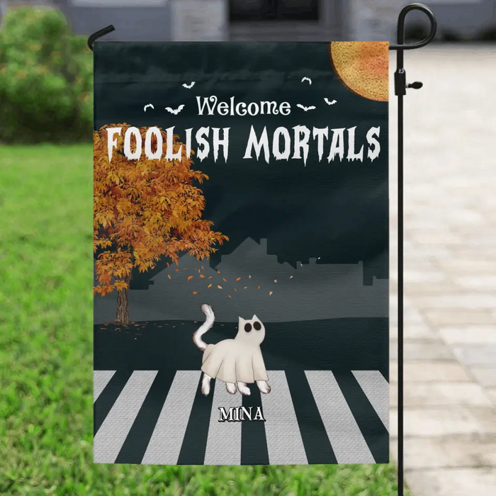 Custom Personalized Halloween Cat Flag Sign - Gift Idea For Cat Lovers - Upto 6 Cats - Welcome Foolish Mortals