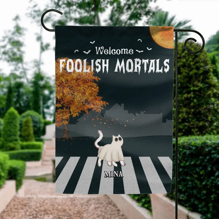 Custom Personalized Halloween Cat Flag Sign - Gift Idea For Cat Lovers - Upto 6 Cats - Welcome Foolish Mortals