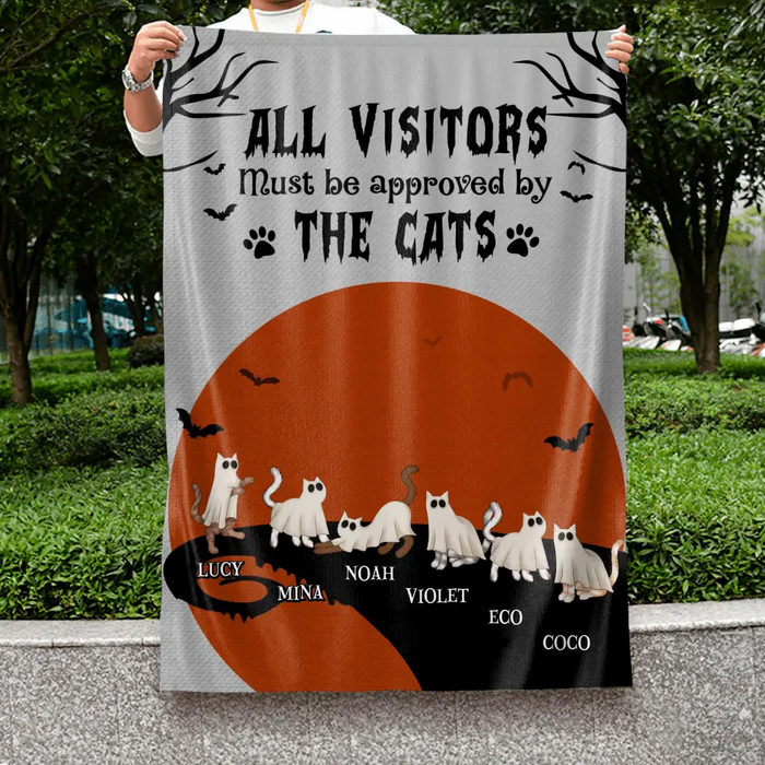 Custom Personalized Halloween Cat Flag Sign - Gift Idea For Cat Lovers - Upto 6 Cats - All Visitors Must Be Approved By The Cats