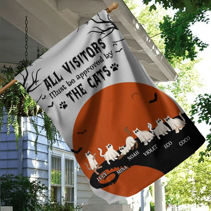 Custom Personalized Halloween Cat Flag Sign - Gift Idea For Cat Lovers - Upto 6 Cats - All Visitors Must Be Approved By The Cats