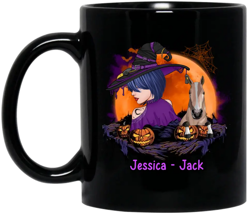 Personalized Witch Coffee Mug - Up to 2 Horses/Dogs/Cats - Halloween Gift Idea for Horse Lovers - My Broom Broke So Now I Ride A Horse
