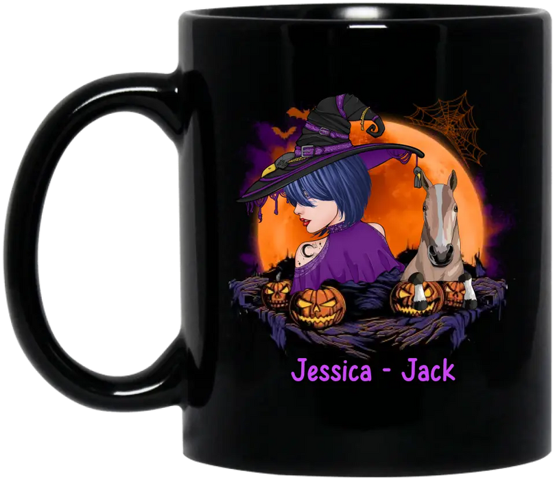 Custom Personalized Witch Coffee Mug - Upto 2 Horses/Dogs/Cats - Halloween Gift Idea for Horse Lovers - My Broom Broke So Now I Ride A Horse