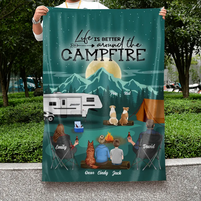 Custom Personalized Night Camping Garden Flag Sign - Best Gift For Camping Family/Couple/Single Parent/Solo - Upto 4 Kids and 3 Pets - Life Is Better Around The Campfire