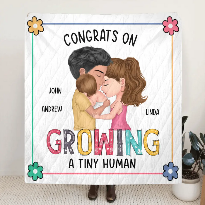 Custom Personalized Family Pillow Cover/Single Layer Fleece/Quilt Blanket - Gift Idea For Parents & Baby - Congrats On Growing A Tiny Human
