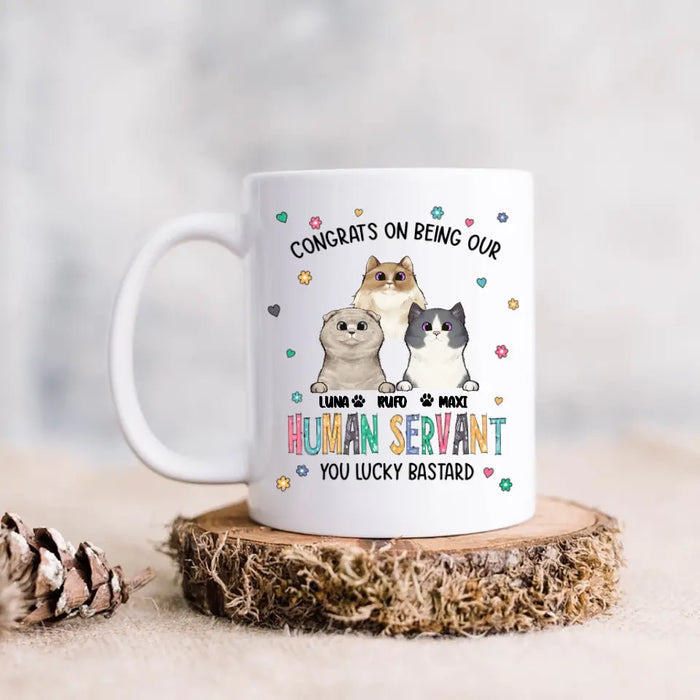 Custom Personalized Pet Coffee Mug - Gift Idea For Dog/Cat Loves - Upto 3 Pets - Congrats On Being My Human Servant You Lucky Bastard