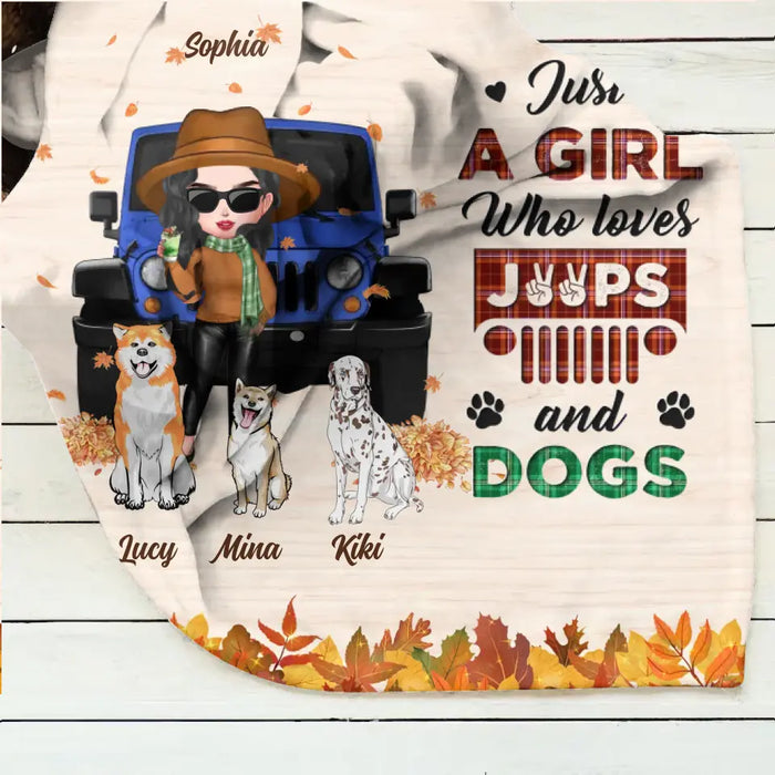 Custom Personalized Off-road Autumn Girl Single Layer Fleece/Quilt Blanket - Gift Idea For Girl/Dog Lovers - Upto 3 Dogs - Just A Girl