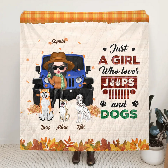 Custom Personalized Off-road Autumn Girl Single Layer Fleece/Quilt Blanket - Gift Idea For Girl/Dog Lovers - Upto 3 Dogs - Just A Girl