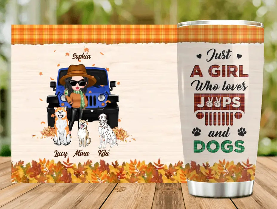 Personalized Off-road Autumn Girl Tumbler - Gift Idea For Girl/Dog Lovers - Upto 3 Dogs - Just A Girl
