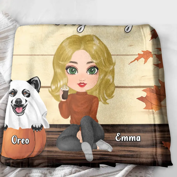 Personalized Girl Dog/Cat Fleece Throw Blanket/Quilt - Up to 5 Pets - Autumn Gift For Dog/Cat Lover - I Just Want To Drink Pumpkin Spice Lattes And Pet My Dogs