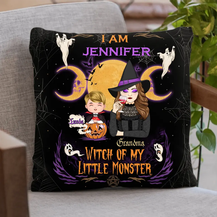 Personalized Grandma & Grandkid Witch Pillow Cover  - Halloween Gift For Grandkid - Upto 4 Kids - I Am Witch Of My Little Monsters