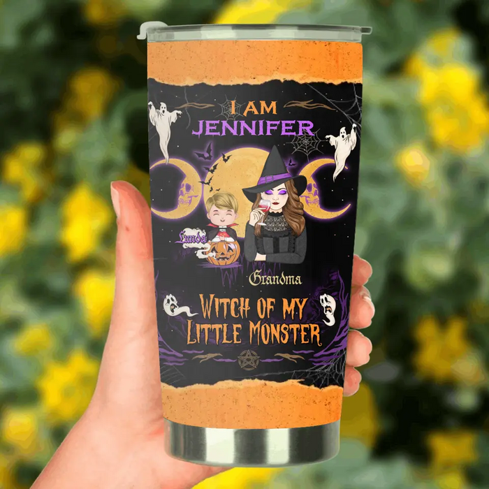 Personalized Grandma & Grandkid Witch Tumbler - Halloween Gift For Grandkid - Up to 4 Kids - I Am Witch Of My Little Monsters