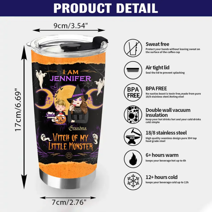 Personalized Grandma & Grandkid Witch Tumbler - Halloween Gift For Grandkid - Upto 4 Kids - I Am Witch Of My Little Monsters