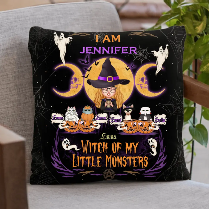 Personalized Grandma & Pet Witch Pillow Cover  - Halloween Gift For Grandma/Pet Lovers - Upto 4 Pets - I Am Witch Of My Little Monsters