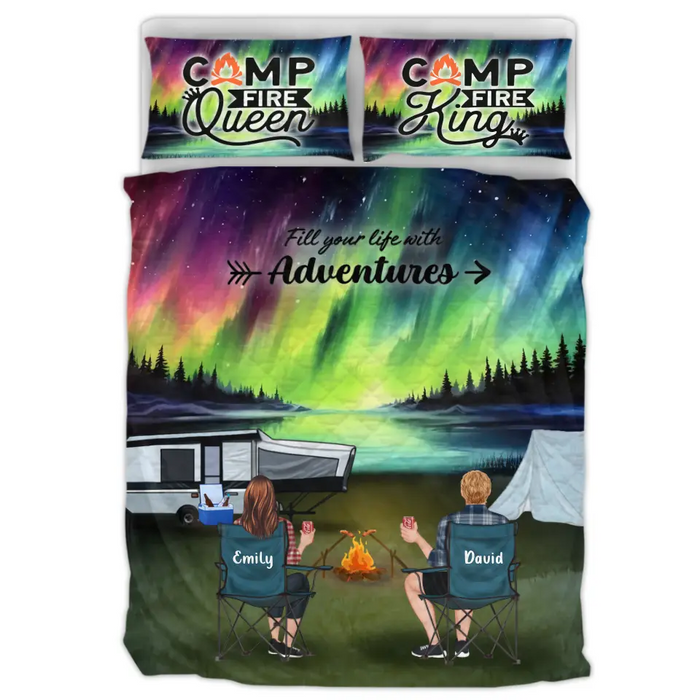Personalized Northern Light Camping Quilt Bed Sets - Gift Idea For Couple, Camping Lovers, Family - Upto 5 Kids, 4 Pets - Fill Your Life With Adventures