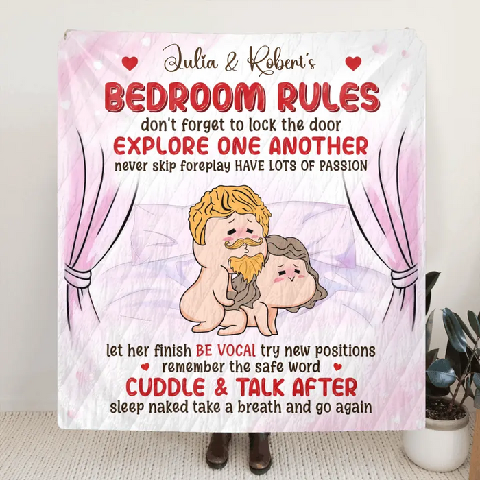 Personalized Couple Fleece Throw Blanket/Quilt - Gift Idea For Couple - Bedroom Rules Don't Forget To Lock The Door