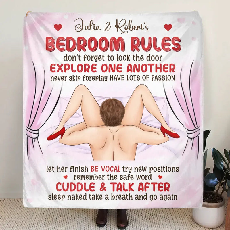 Personalized Couple Fleece Throw Blanket/Quilt - Anniversary/Wedding Gift Idea for Couple - Bedroom Rules Don't Forget To Lock The Door