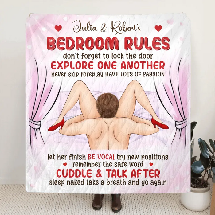 Personalized Couple Fleece Throw Blanket/Quilt - Anniversary/Wedding Gift Idea for Couple - Bedroom Rules Don't Forget To Lock The Door