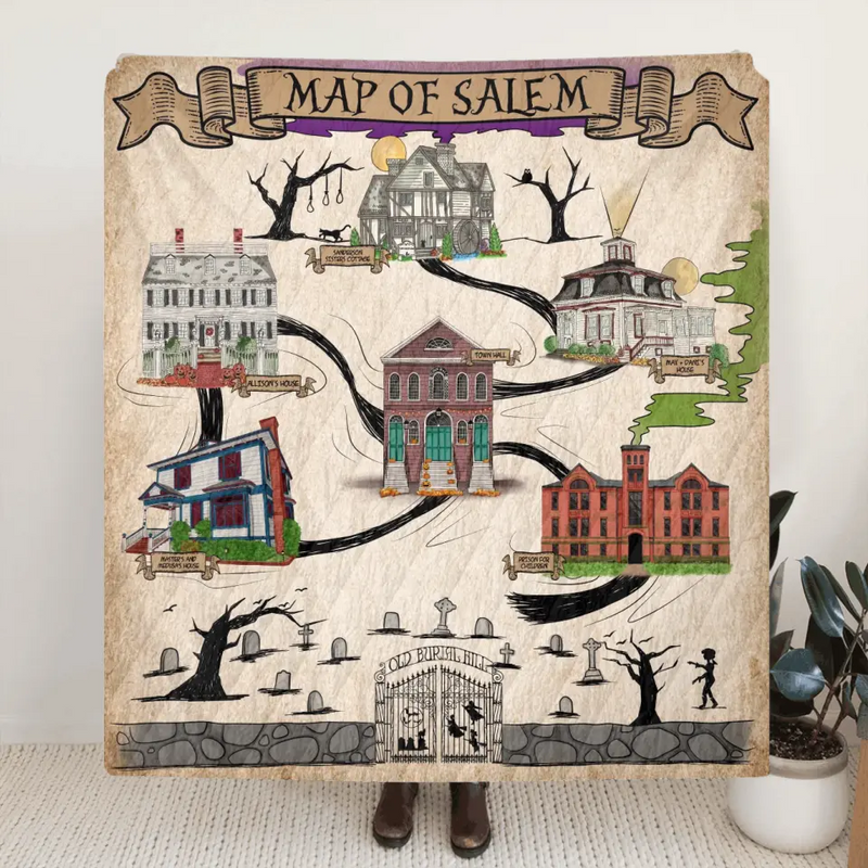 Personalized Map Of Salem Fleece Throw Blanket/Quilt - Halloween Gift Idea