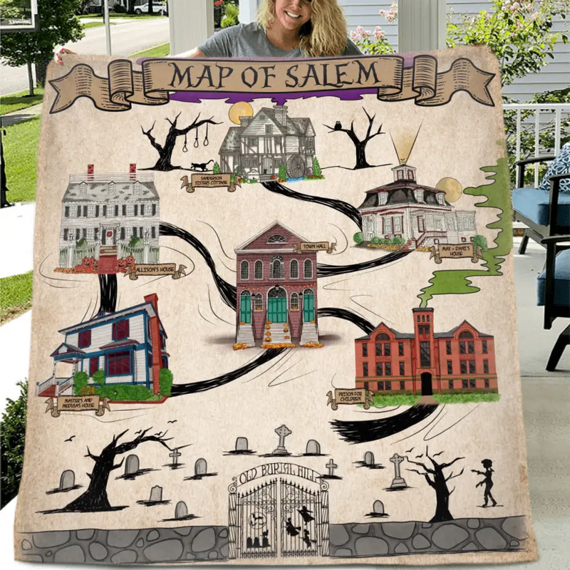 Personalized Map Of Salem Fleece Throw Blanket/Quilt - Halloween Gift Idea