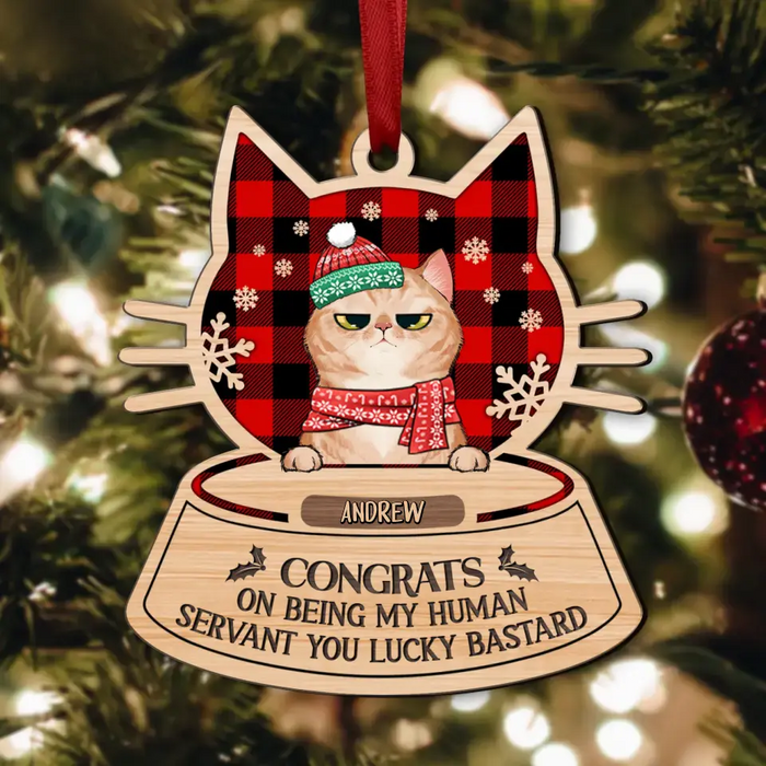 Custom Personalized Christmas Cat Wooden Ornament - Christmas Gift Idea For Cat Lover - Congrats On Being My Human Servant You Lucky Bastard
