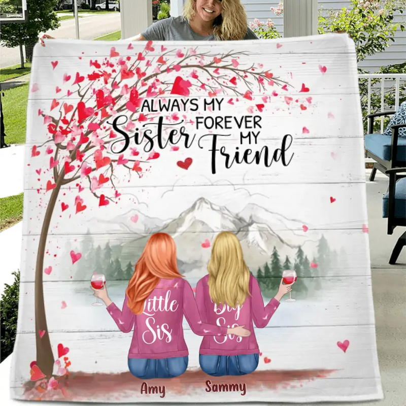 Personalized Sisters Fleece Throw Blanket/Quilt/Pillow Cover - Gift Idea For Sisters/Friends - Up to 6 Girls - Always My Sister Forever My Friend