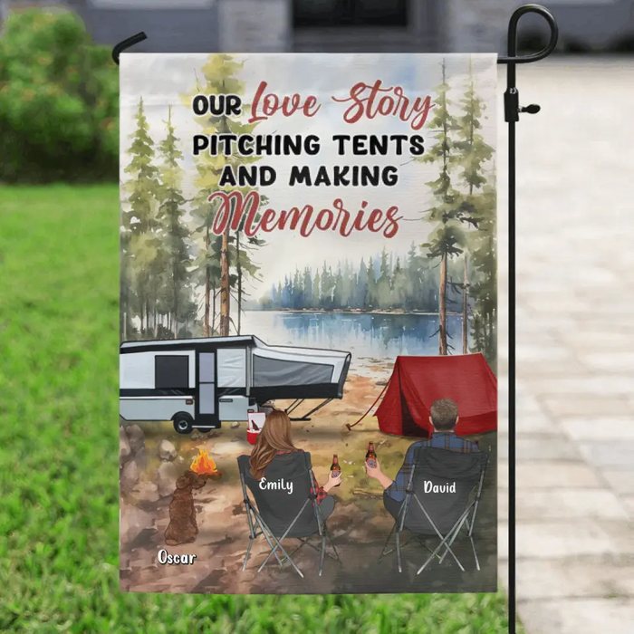 Custom Personalized Camping Flag Sign - Best Gift For Camping Lovers - Upto 4 Pets -Our Love Story Pitching Tents And Making Memories