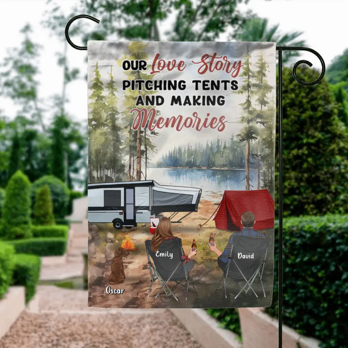 Custom Personalized Camping Flag Sign - Best Gift For Camping Lovers - Upto 4 Pets -Our Love Story Pitching Tents And Making Memories