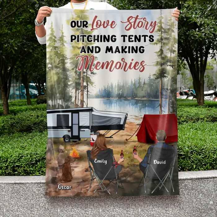 Custom Personalized Camping Flag Sign - Best Gift For Camping Lovers - Upto 4 Pets -Our Love Story Pitching Tents And Making Memories