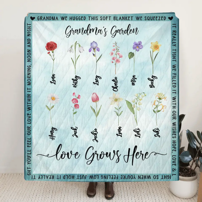 Personalized Grandma Garden Quilt/Fleece Throw Blanket - Gift Idea For Grandma - Up to 12 Flowers - Grandma's Garden