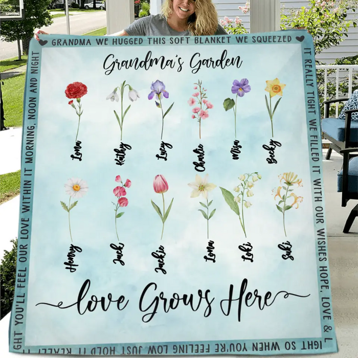 Personalized Grandma Garden Quilt/Fleece Throw Blanket - Gift Idea For Grandma - Up to 12 Flowers - Grandma's Garden