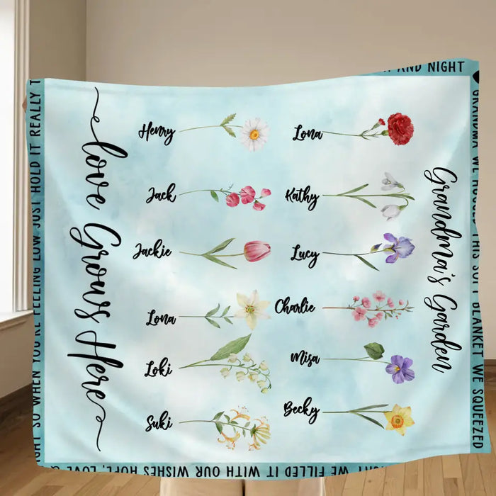Personalized Grandma Garden Quilt/Fleece Throw Blanket - Gift Idea For Grandma - Up to 12 Flowers - Grandma's Garden