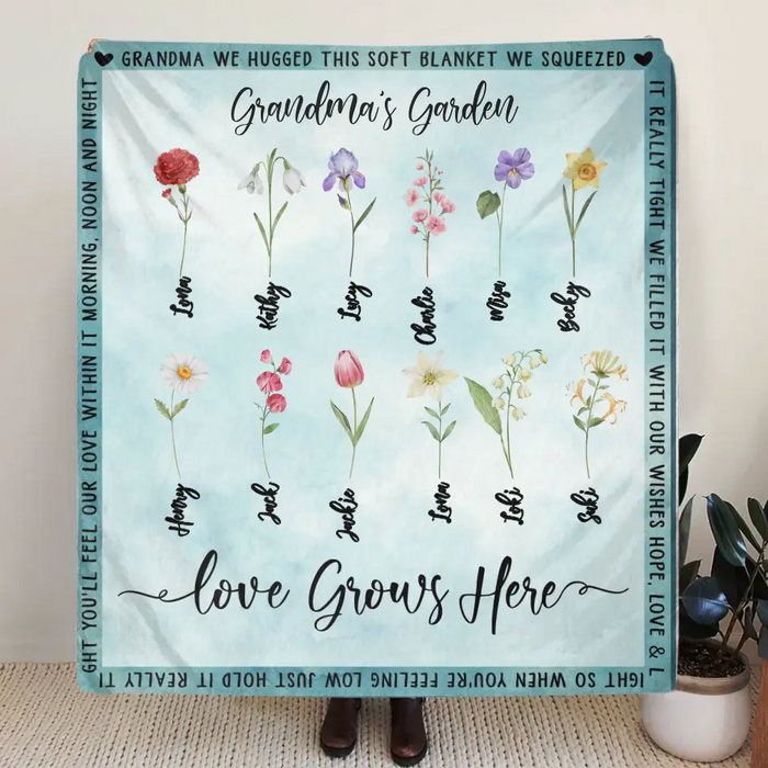 Personalized Grandma Garden Quilt/Fleece Throw Blanket - Gift Idea For Grandma - Up to 12 Flowers - Grandma's Garden