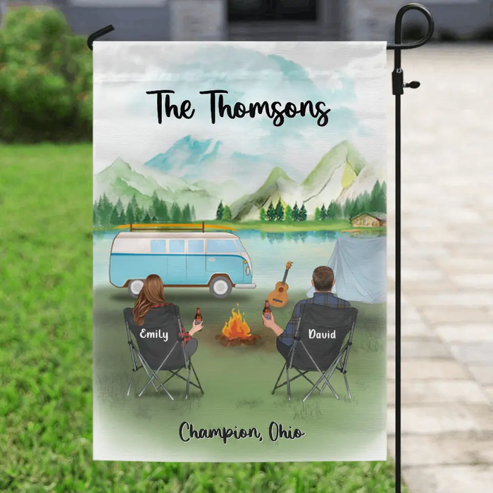 Personalized Camping Garden Flag Gift Idea For The Whole Family - Couple/Parents With Children & Pets - Father's day gift from wife to husband - Family Name - Q3VZTZ