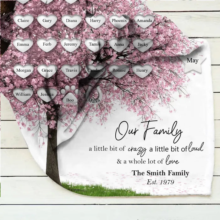 Personalized Family Tree Fleece Throw Blanket/Quilt - Up to 30 People/Pets - Gift Idea for Family - Our Family A Little Bit Of Crazy A Little Bit Loud & A Whole Lot Of Love