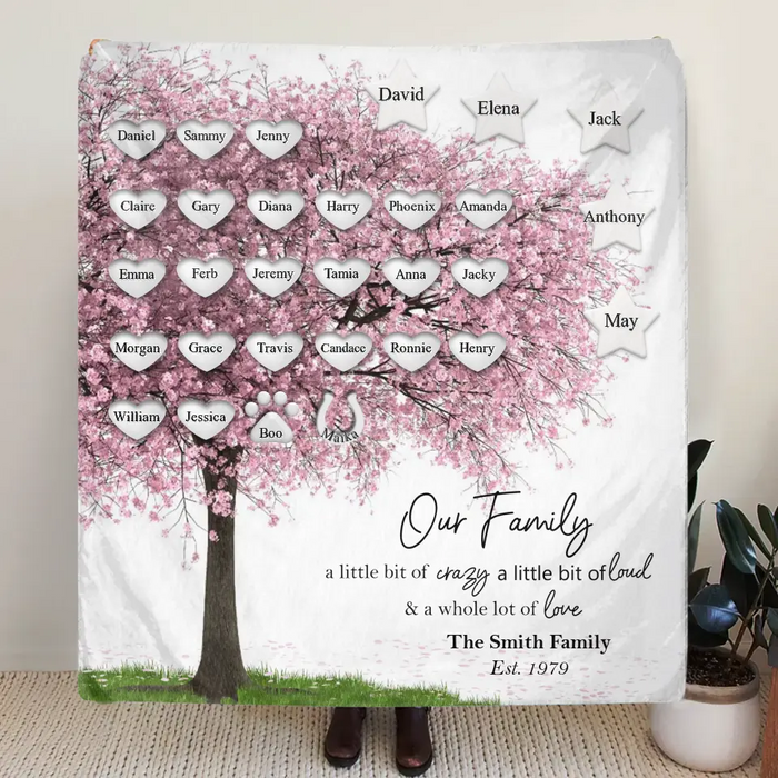 Personalized Family Tree Fleece Throw Blanket/Quilt - Up to 30 People/Pets - Gift Idea for Family - Our Family A Little Bit Of Crazy A Little Bit Loud & A Whole Lot Of Love