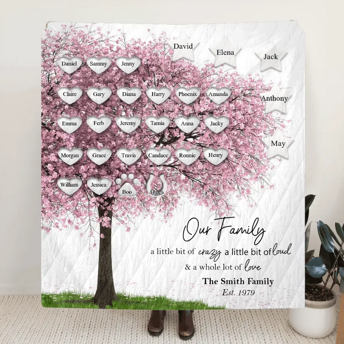 Personalized Family Tree Fleece Throw Blanket/Quilt - Up to 30 People/Pets - Gift Idea for Family - Our Family A Little Bit Of Crazy A Little Bit Loud & A Whole Lot Of Love