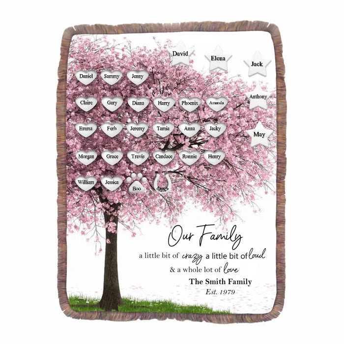 Personalized Family Tree Fringe Blanket - Up to 30 People/Pets - Gift Idea for Family - Our Family A Little Bit Of Crazy A Little Bit Loud & A Whole Lot Of Love