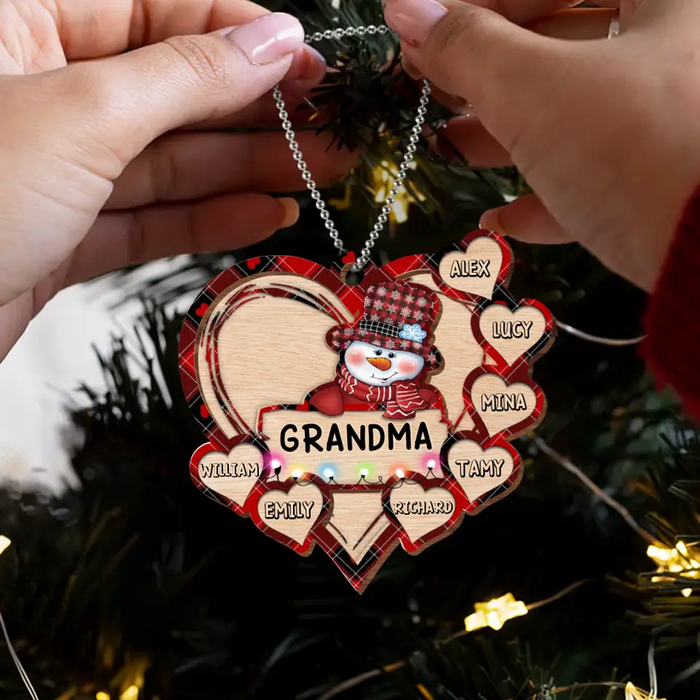 Custom Personalized Grandma Snowman 2 Layered Wooden Ornament - Upto 10 Kids - Christmas Gift To Grandma/ Nana/ Grandkid