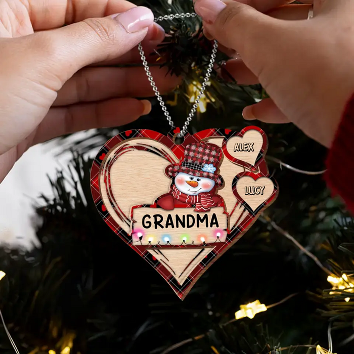 Custom Personalized Grandma Snowman 2 Layered Wooden Ornament - Upto 10 Kids - Christmas Gift To Grandma/ Nana/ Grandkid