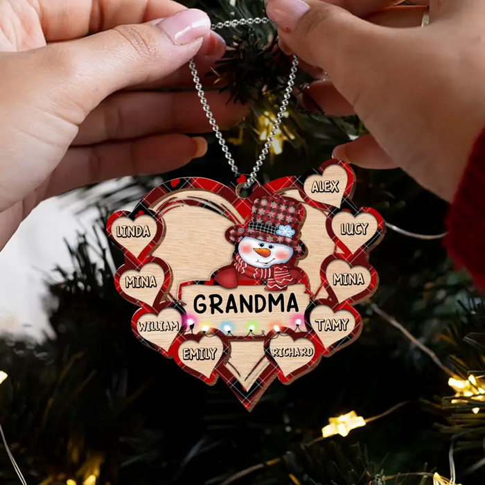 Custom Personalized Grandma Snowman 2 Layered Wooden Ornament - Upto 10 Kids - Christmas Gift To Grandma/ Nana/ Grandkid