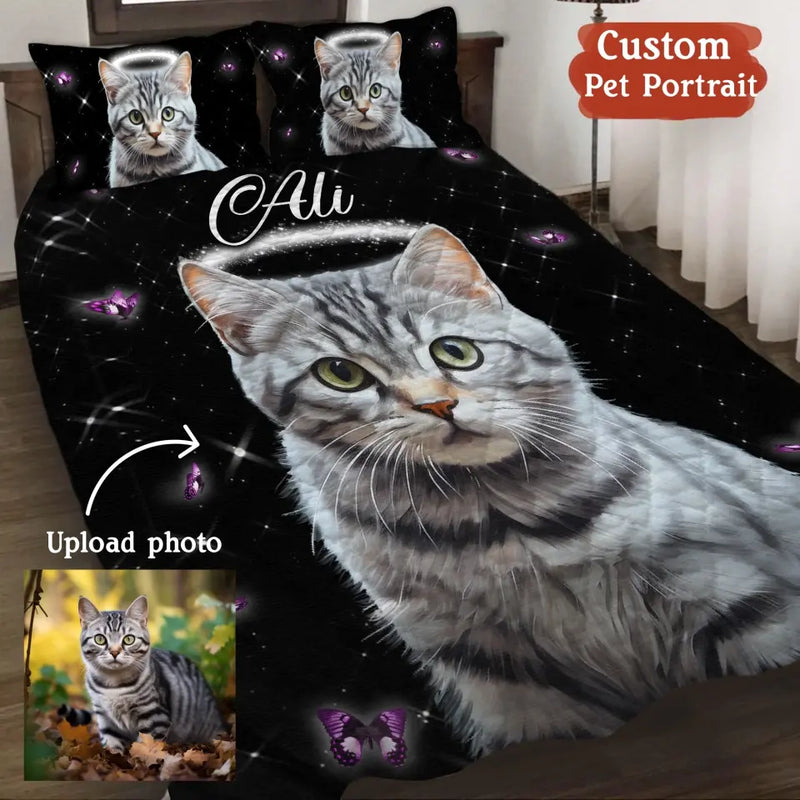 Personalized Memorial Pet Quilt Bed Set - Custom Pet Portrait - Memorial Gift Idea For Dog/Cat Lover