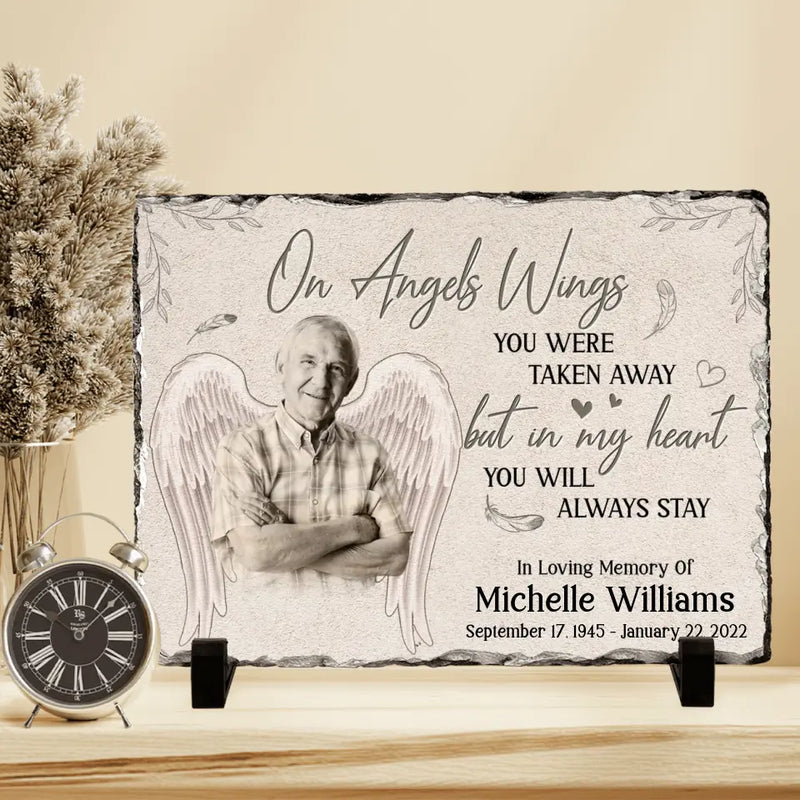 Personalized Memorial Photo Lithograph - Memorial Gift Idea - On Angels Wings You Were Taken Away But In My Heart You Will Always Stay