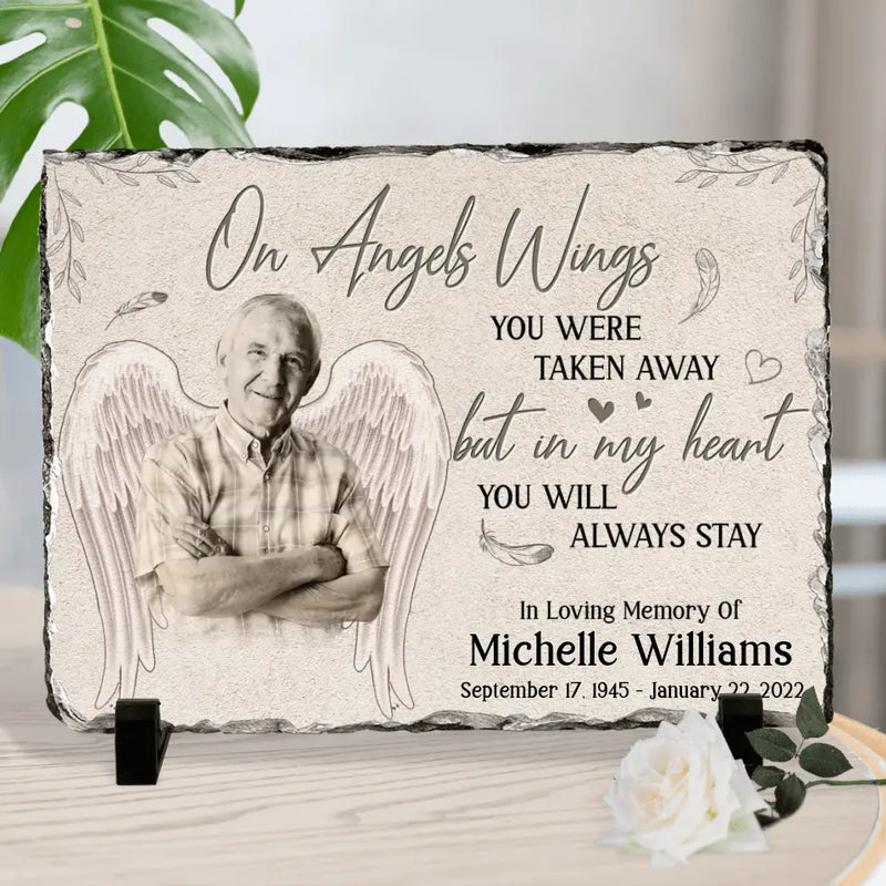 Personalized Memorial Photo Lithograph - Memorial Gift Idea - On Angels Wings You Were Taken Away But In My Heart You Will Always Stay