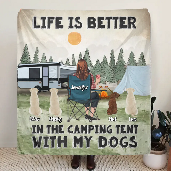 Personalized Camping Quilt/Single Layer Fleece Blanket/Pillow Cover - Gift Idea For Girl & Dogs - Upto 4 Dogs - Life Is Better In The Camping Tent With My Dogs