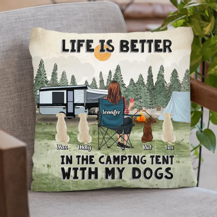 Personalized Camping Quilt/Single Layer Fleece Blanket/Pillow Cover - Gift Idea For Girl & Dogs - Upto 4 Dogs - Life Is Better In The Camping Tent With My Dogs